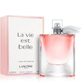 Lancome perfume bottle and packaging with 'La Vie est Belle' text on a white background